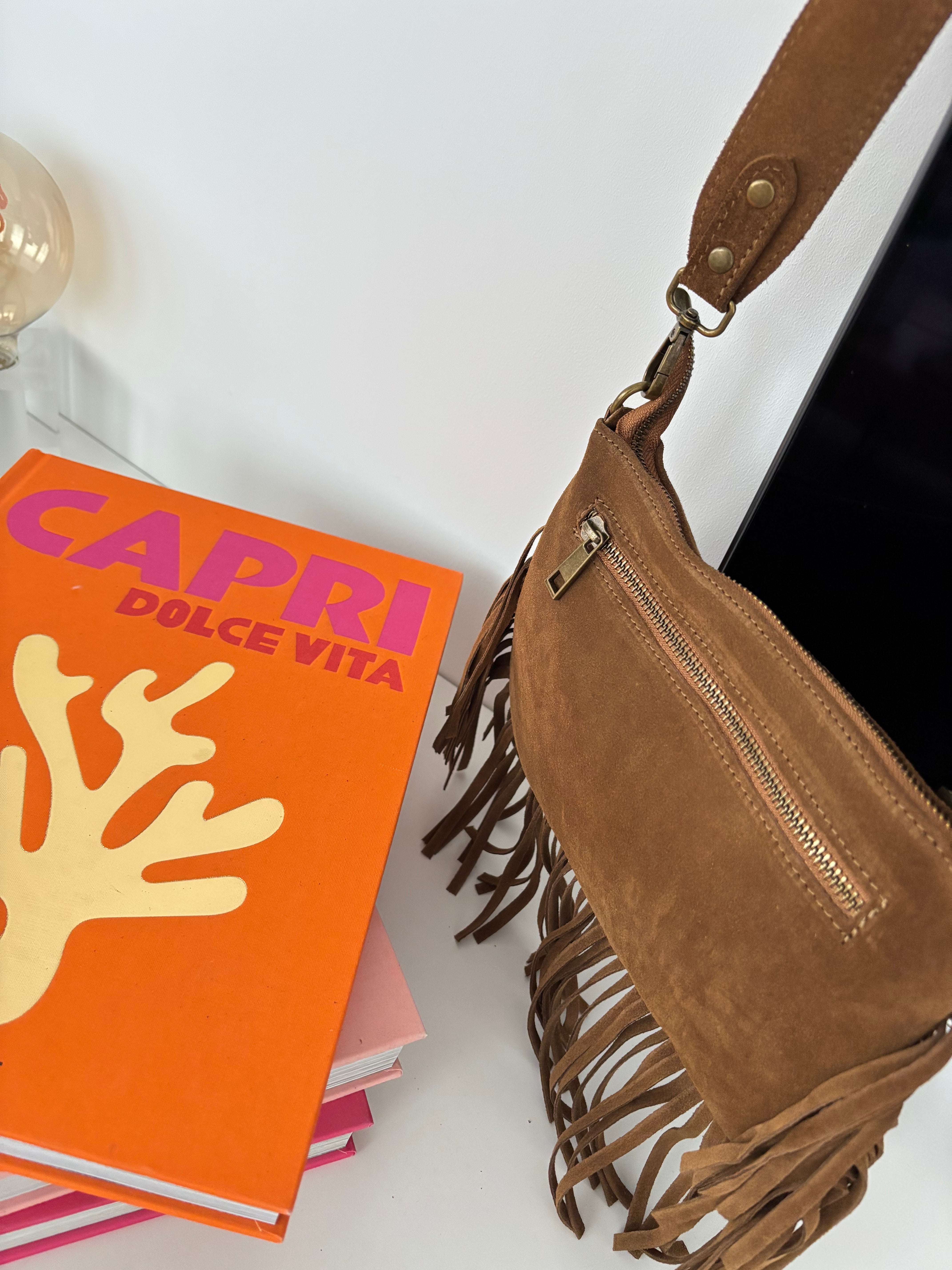 Sac bohème en cuir à franges - cognac