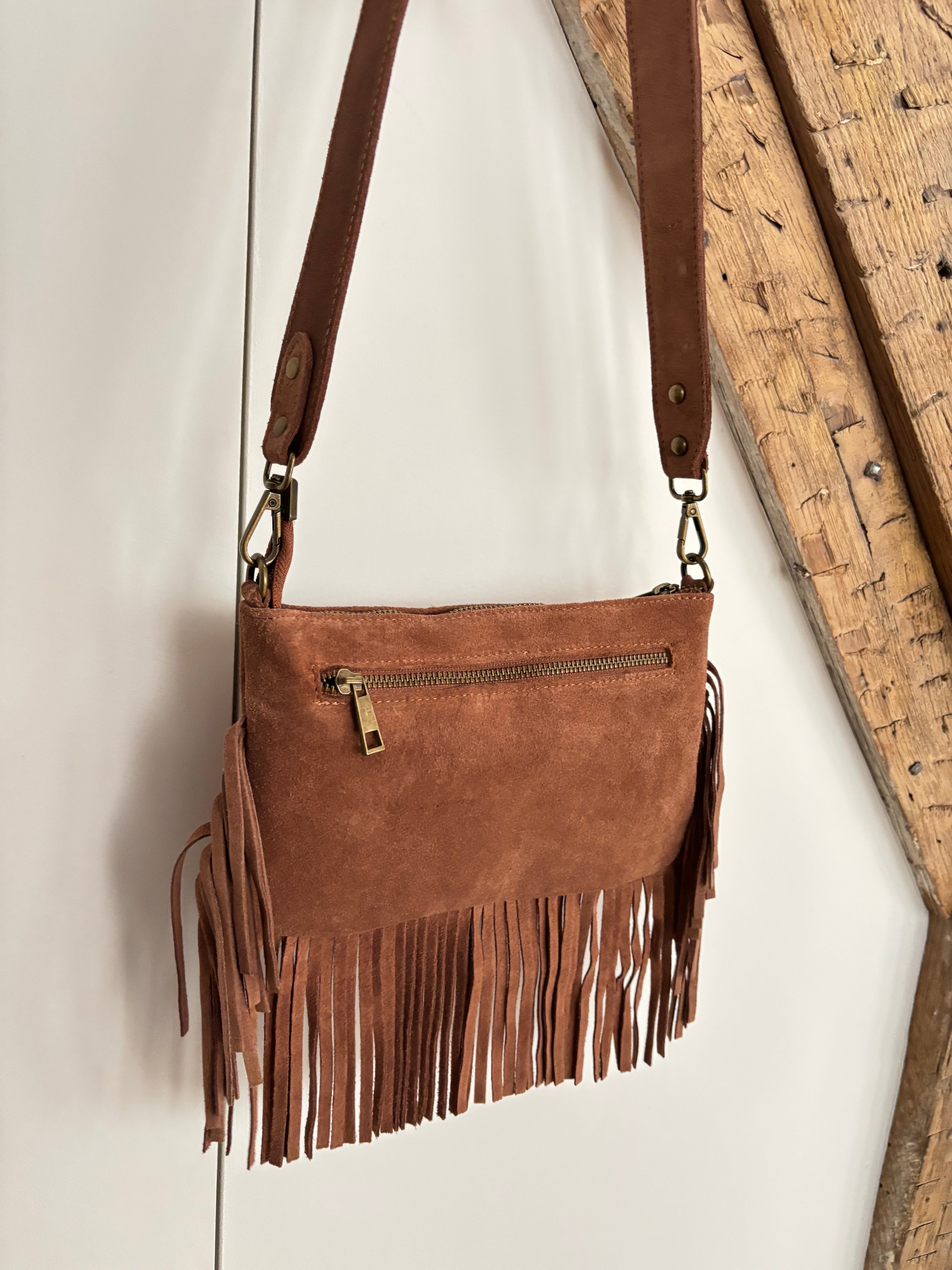 Sac bohème en cuir à franges - terracotta