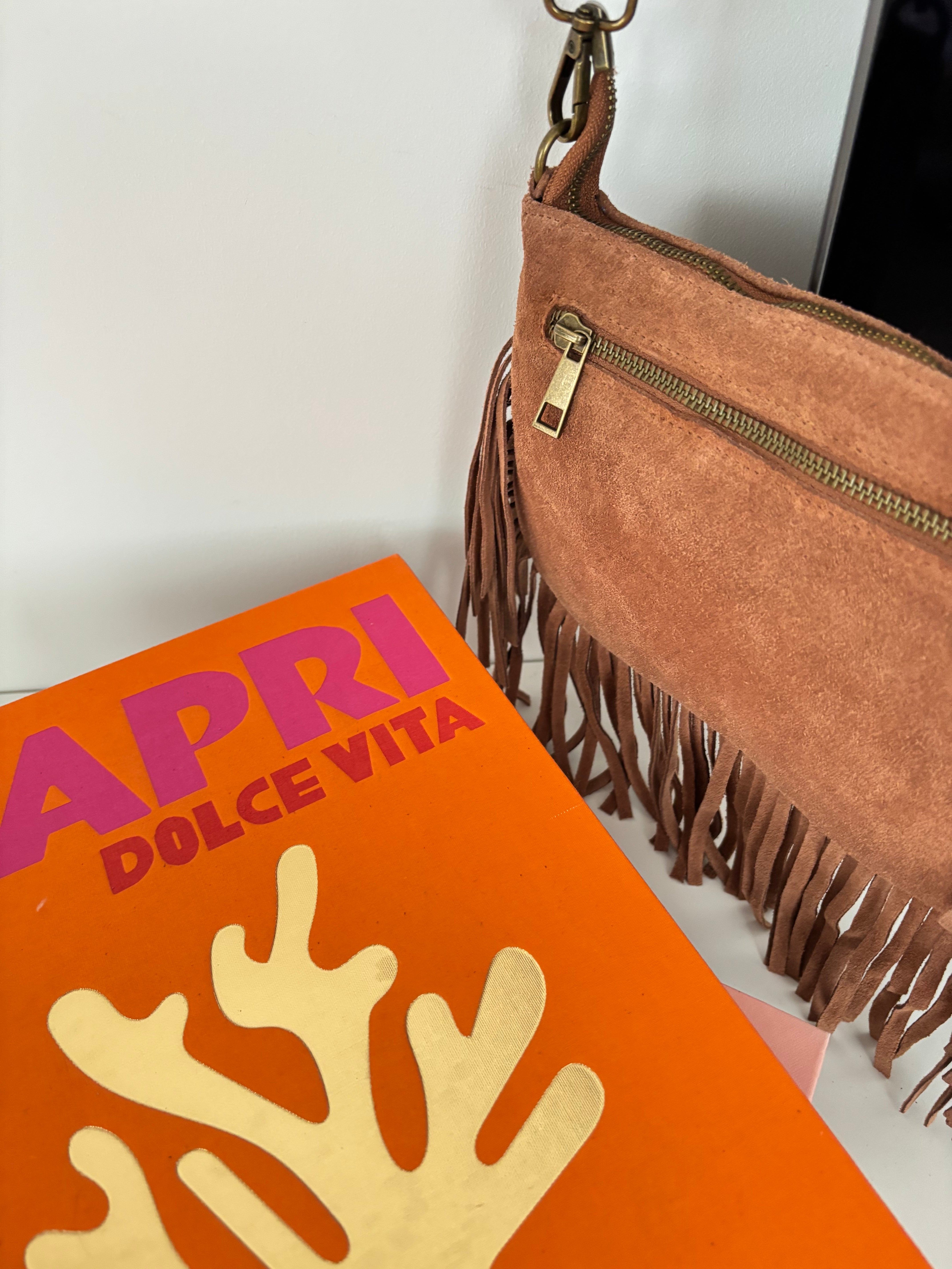 Sac bohème en cuir à franges - terracotta