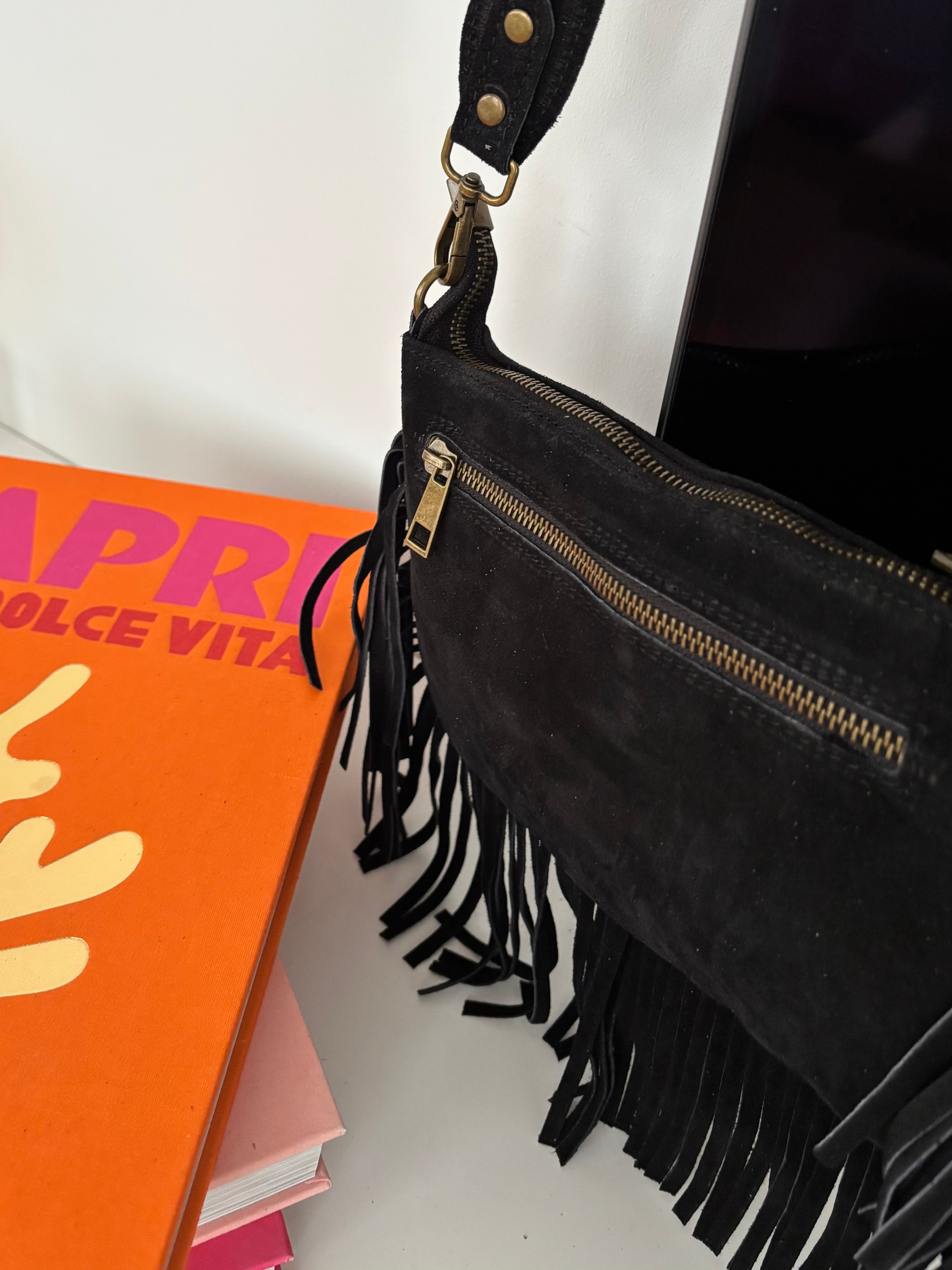 Sac bohème en cuir à franges - noir