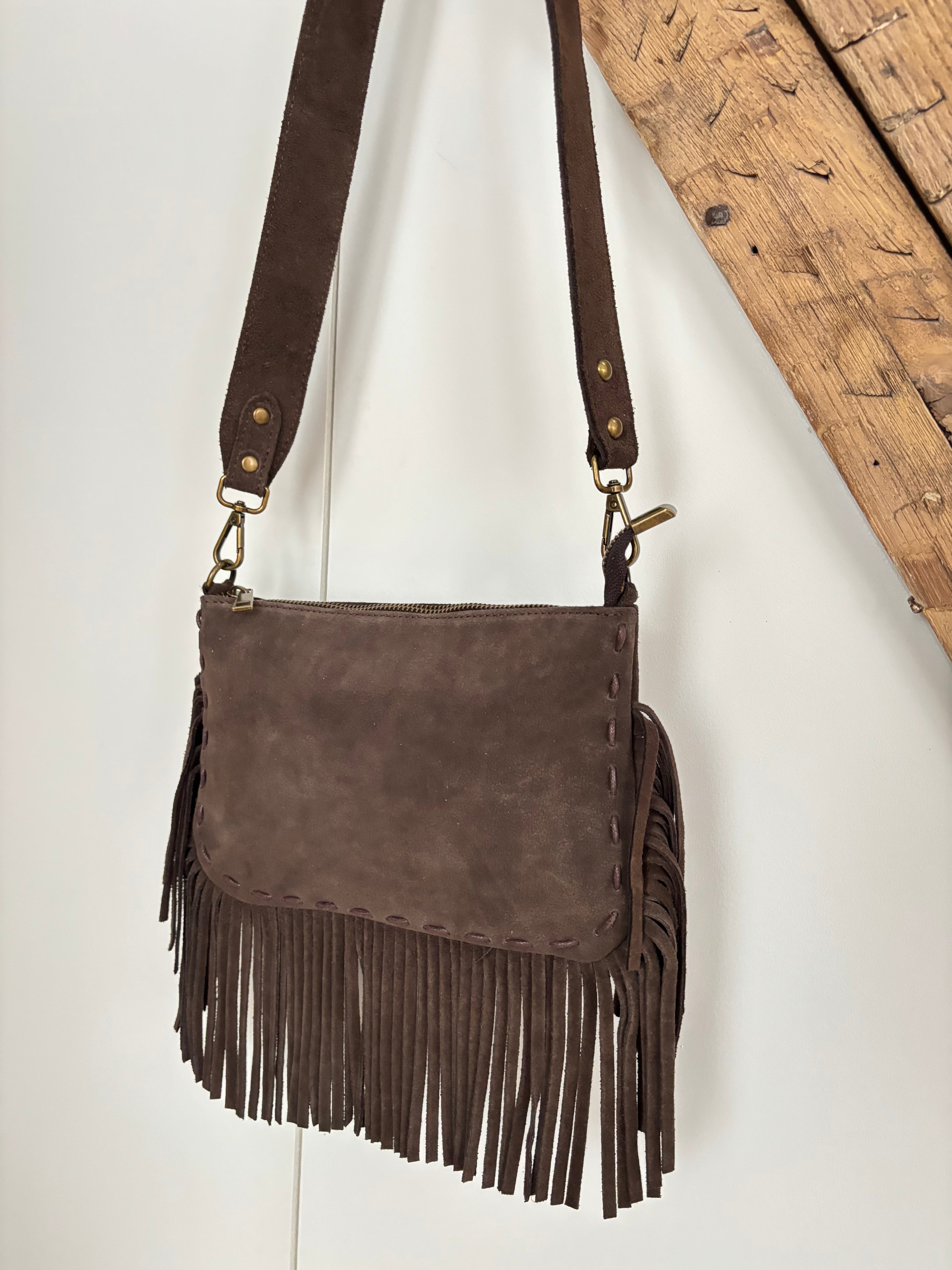 Sac bohème en cuir à franges - chocolat