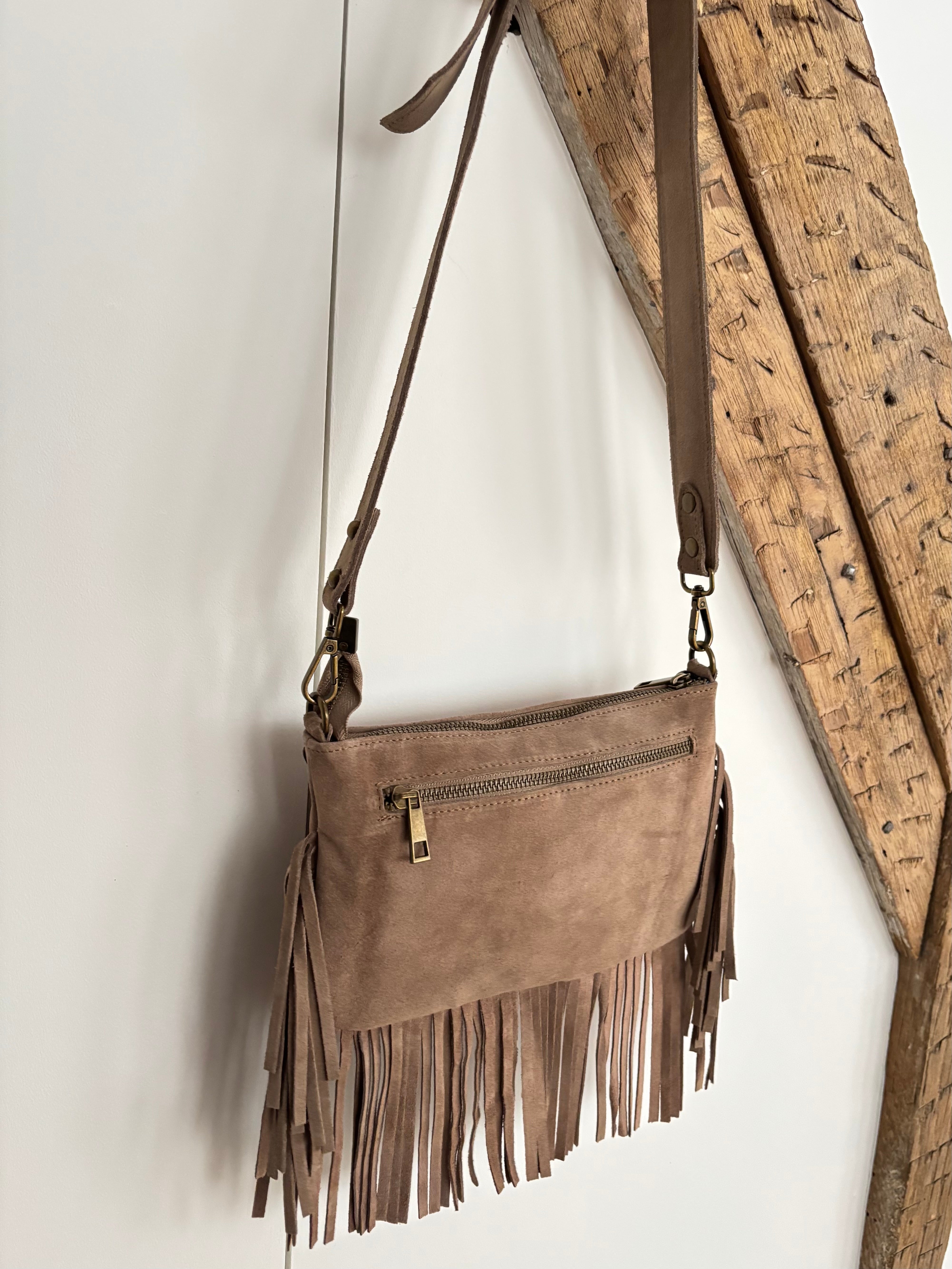 Sac bohème en cuir à franges - taupe
