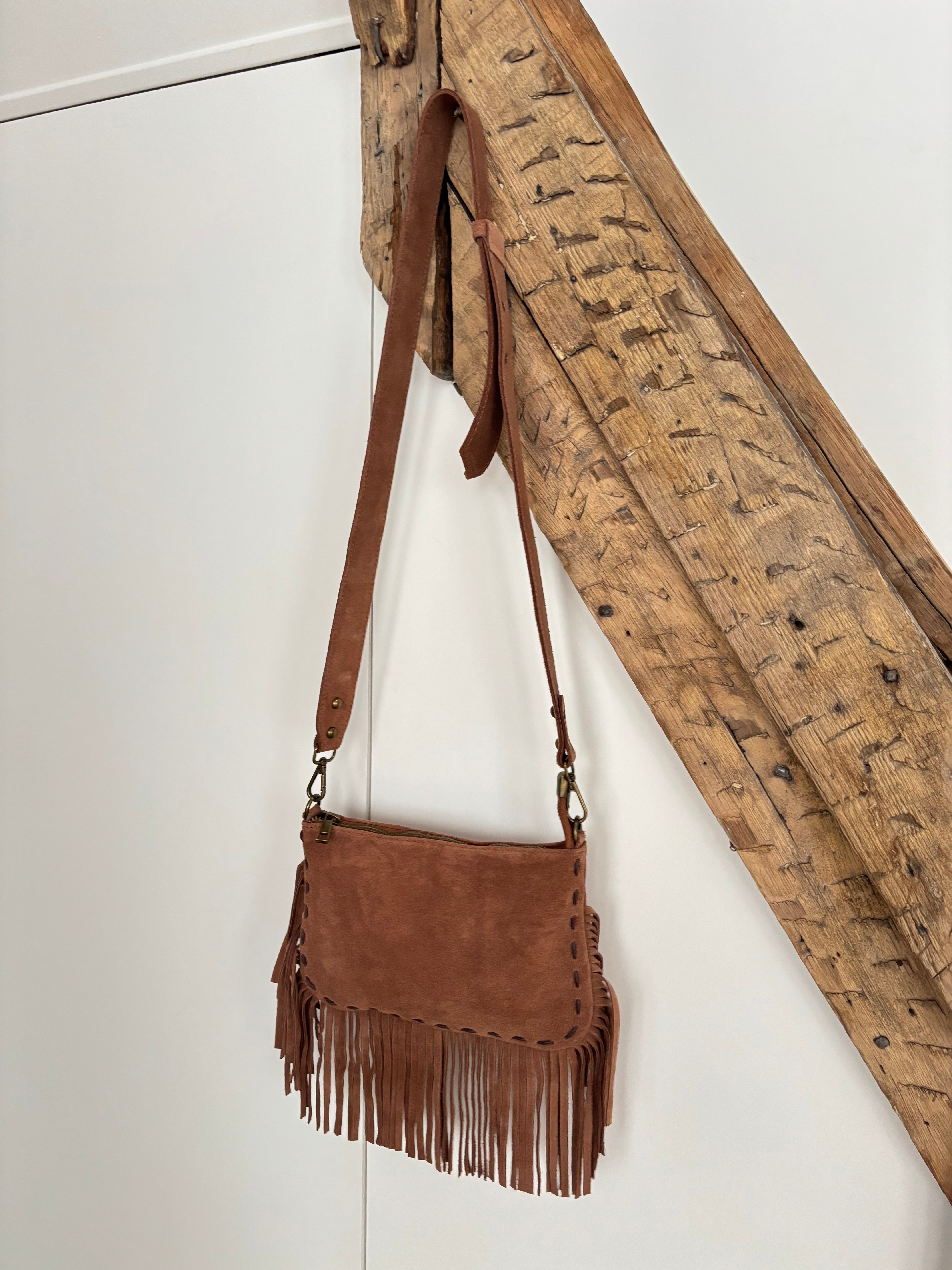 Sac bohème en cuir à franges - terracotta