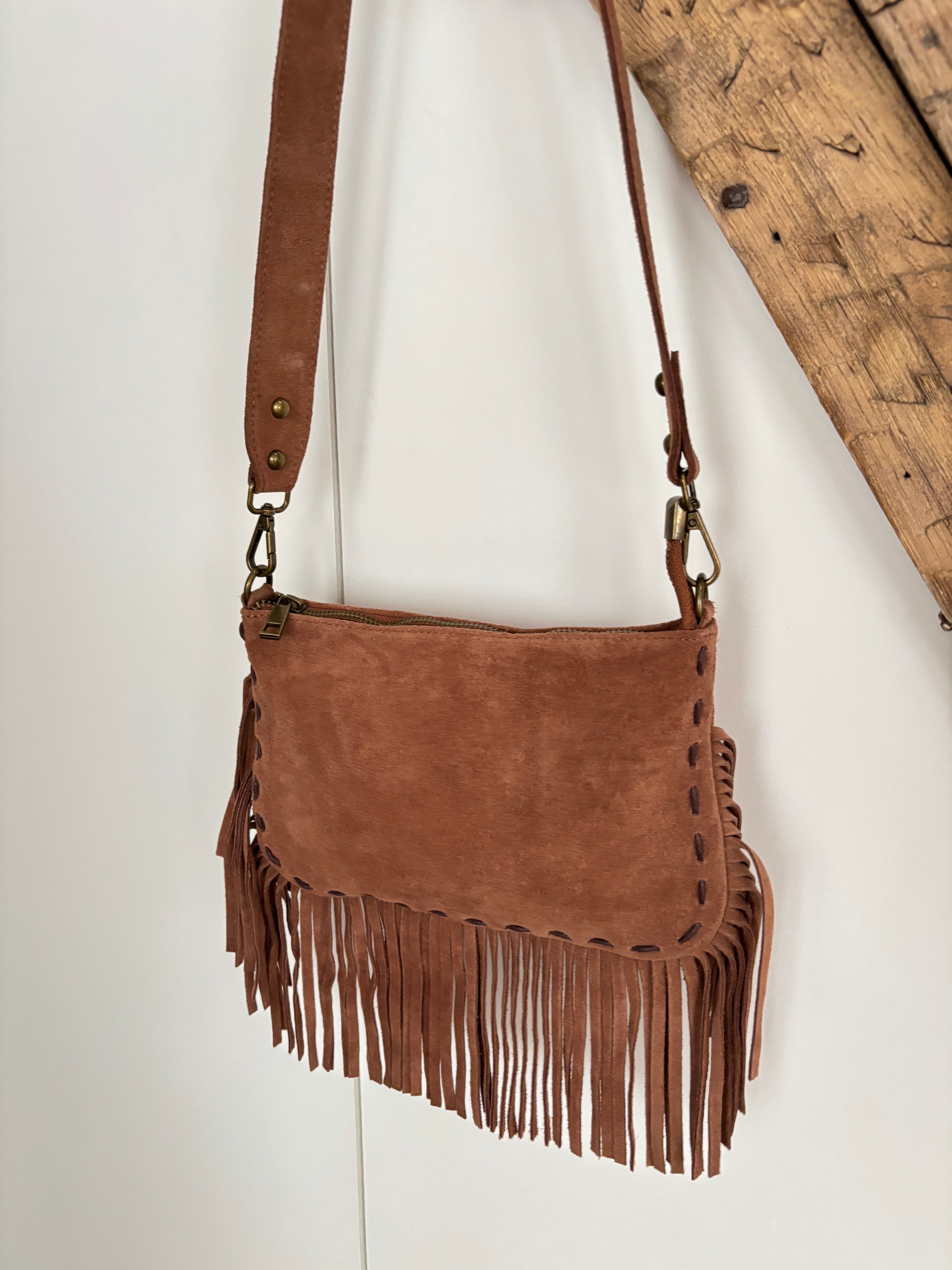 Sac bohème en cuir à franges - terracotta