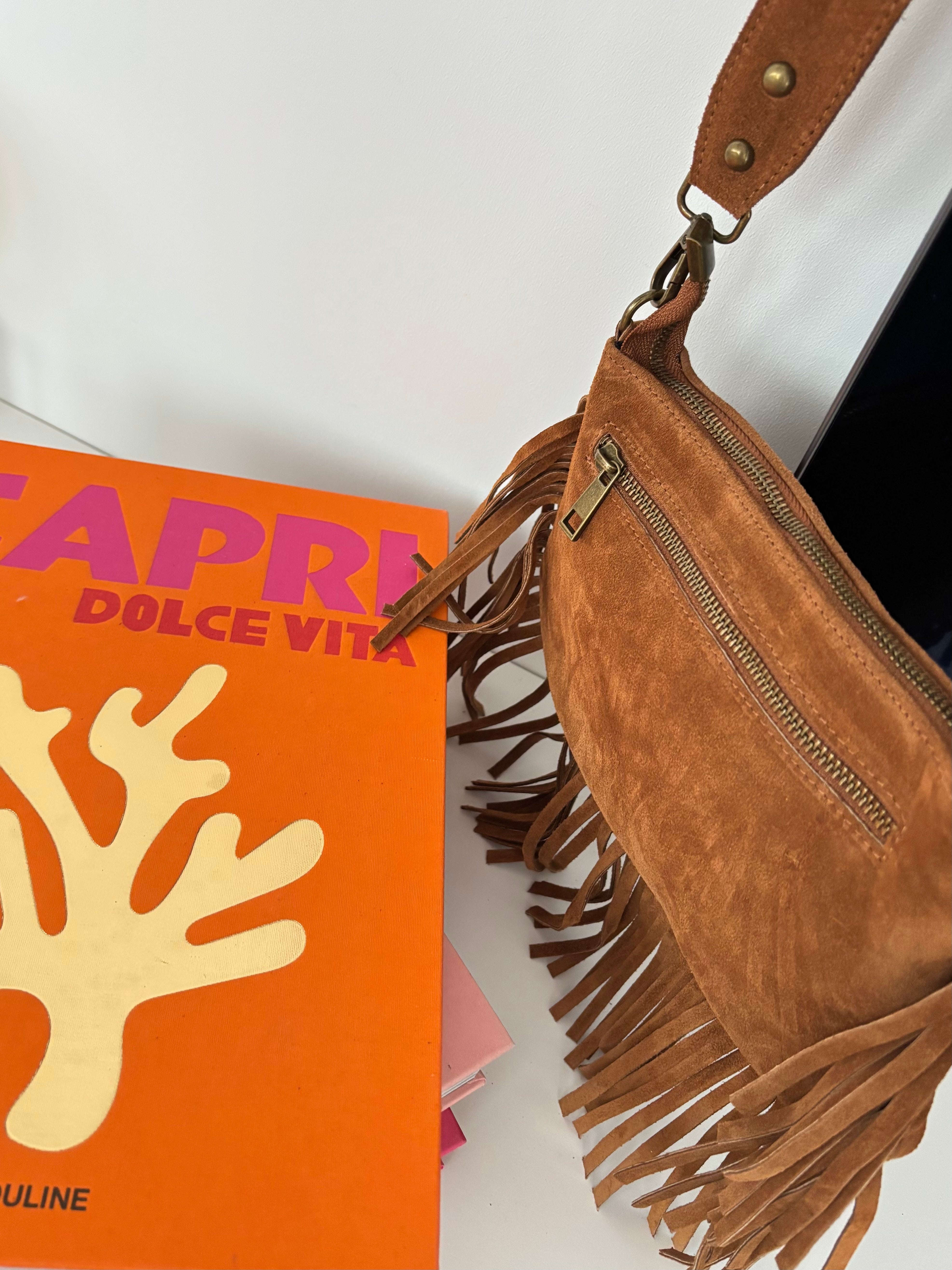 Sac bohème en cuir à franges -  camel