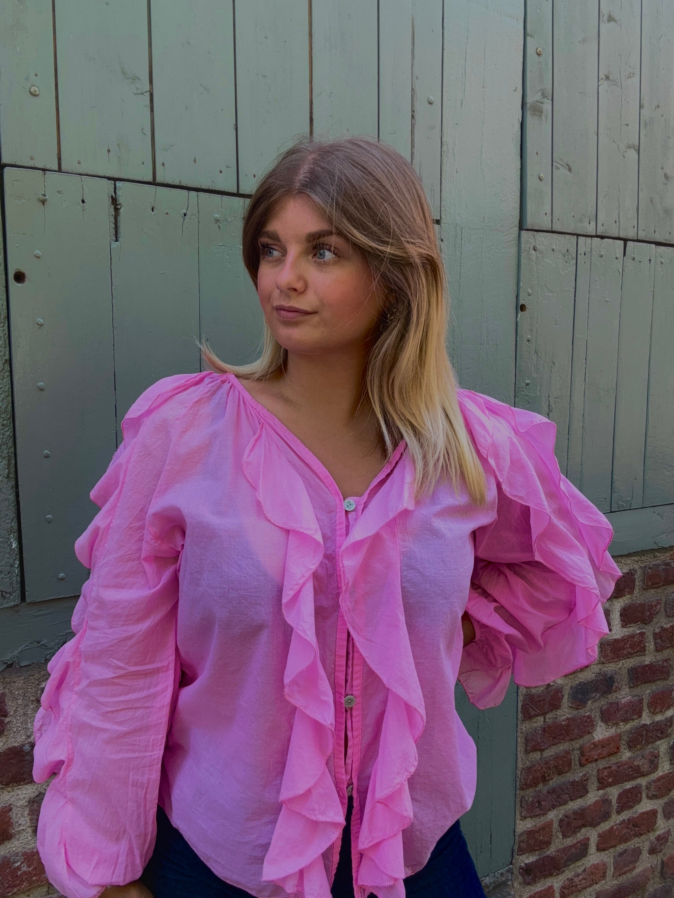 Blouse à Volants rose Sulfureuse