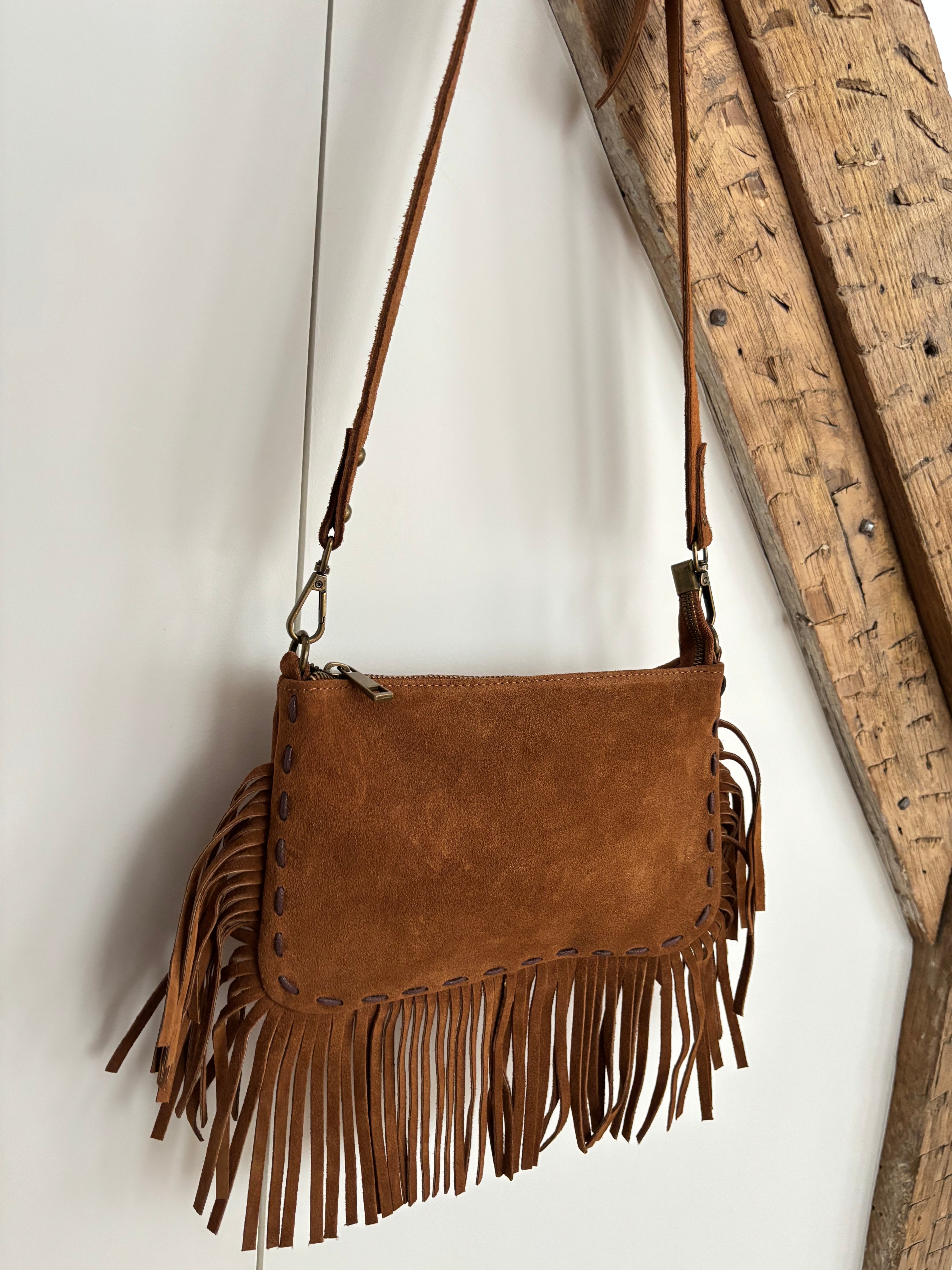 Sac bohème en cuir à franges -  camel
