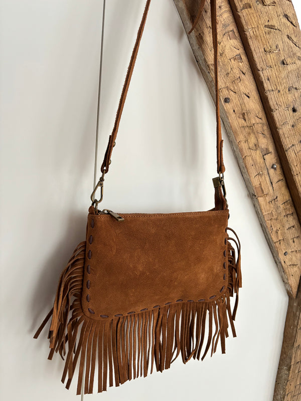 Sac bohème en cuir à franges -  camel