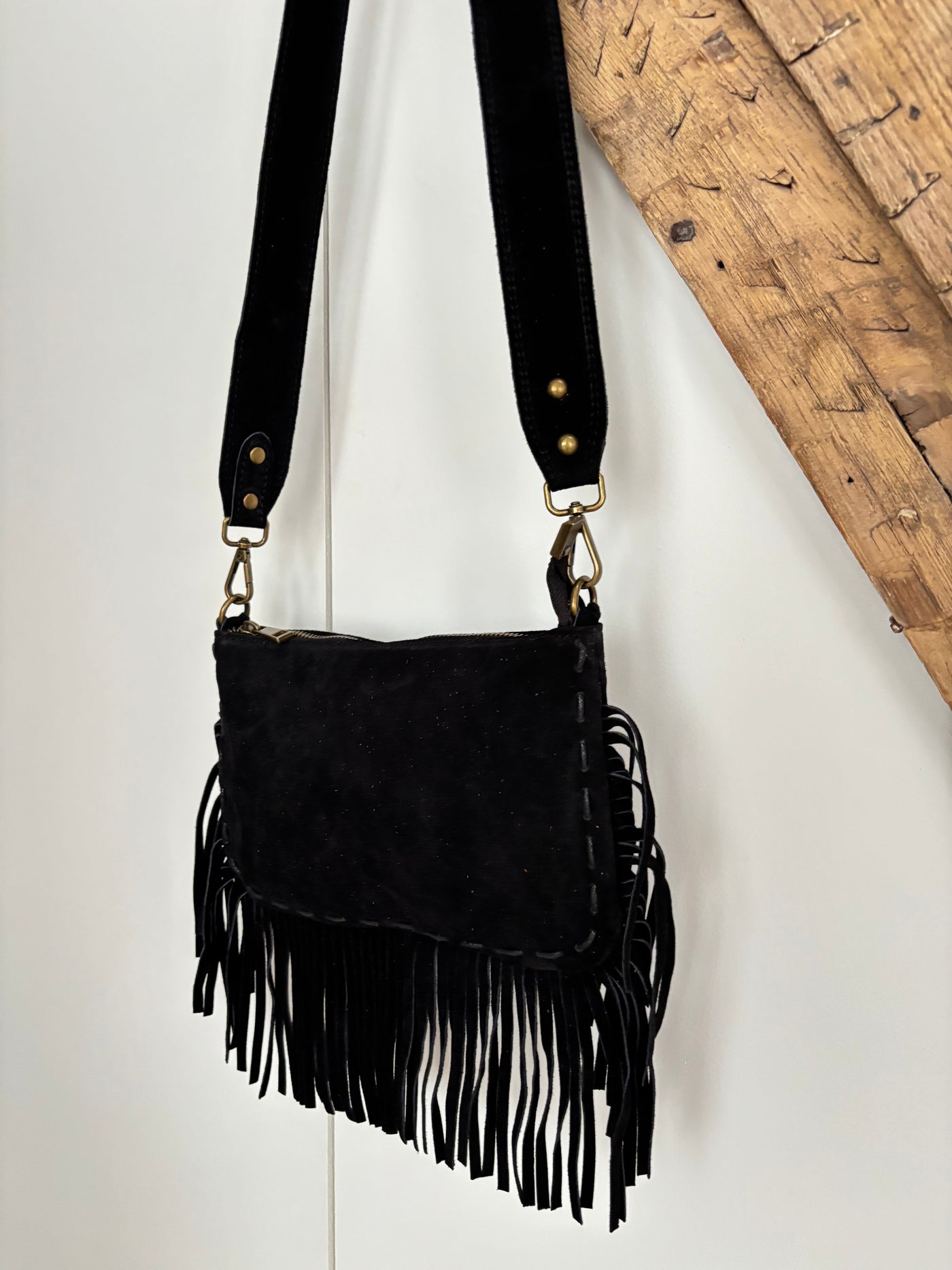 Sac bohème en cuir à franges - noir
