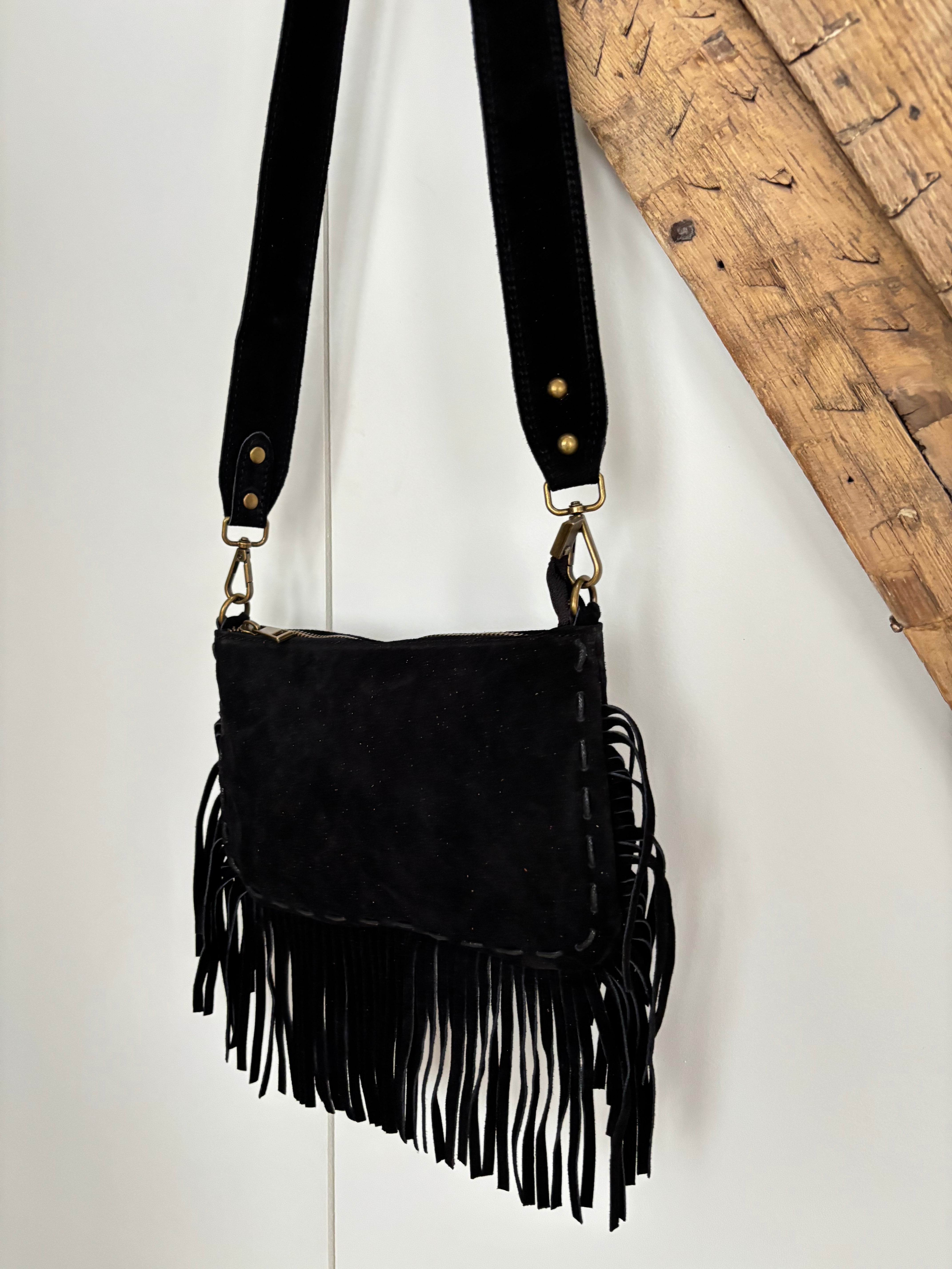 Sac bohème en cuir à franges - noir