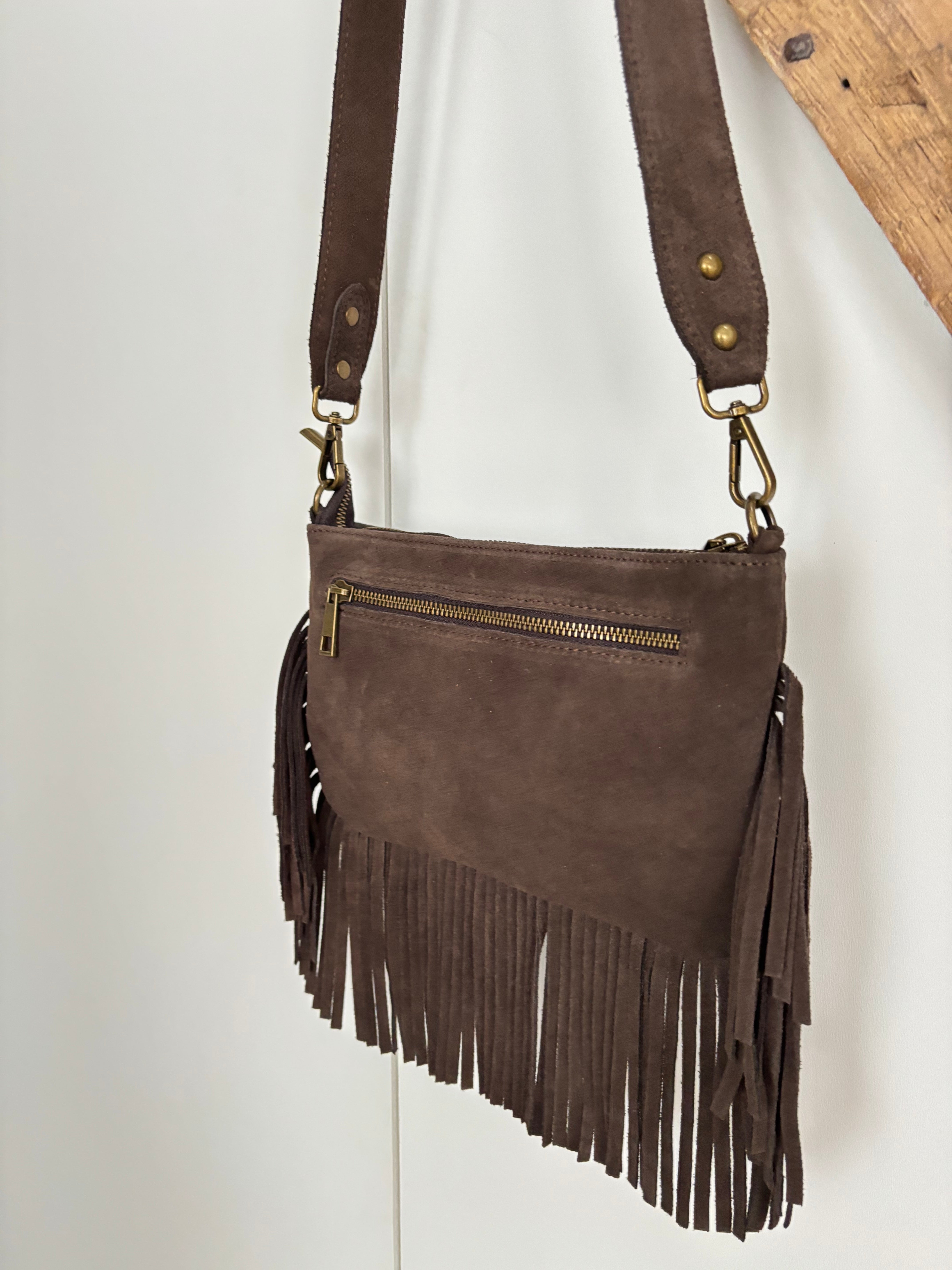 Sac bohème en cuir à franges - chocolat