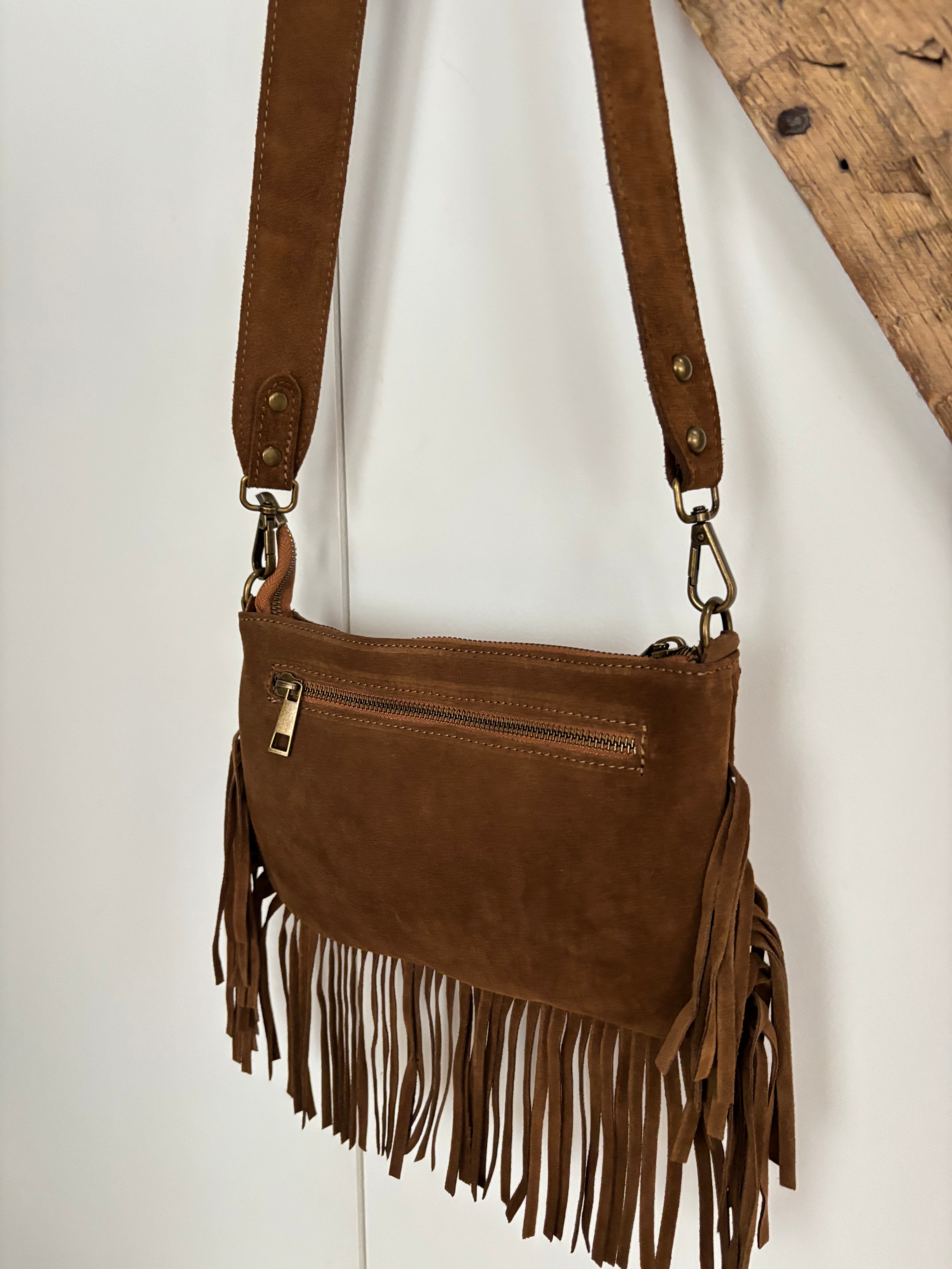 Sac bohème en cuir à franges - cognac