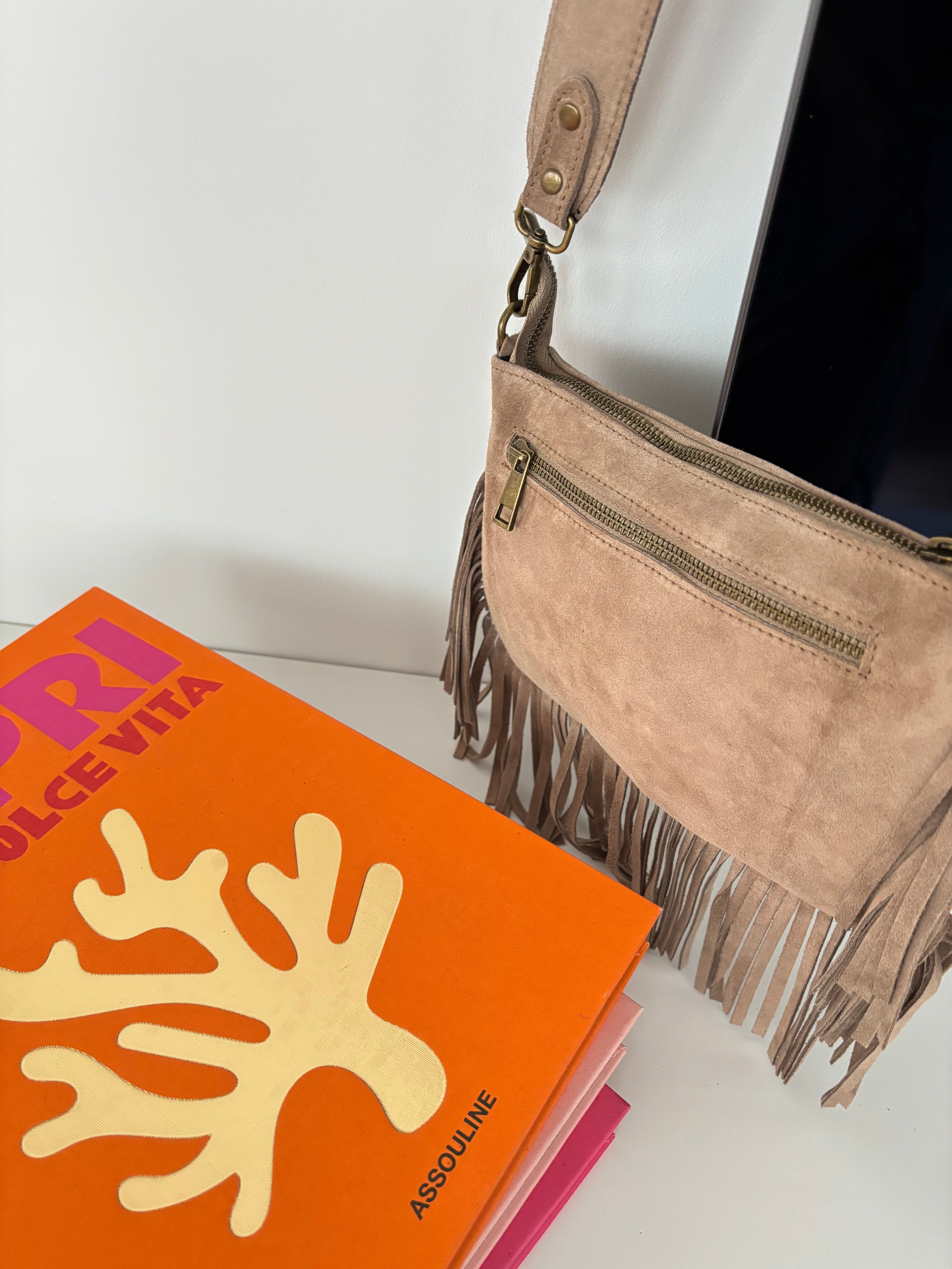 Sac bohème en cuir à franges - taupe