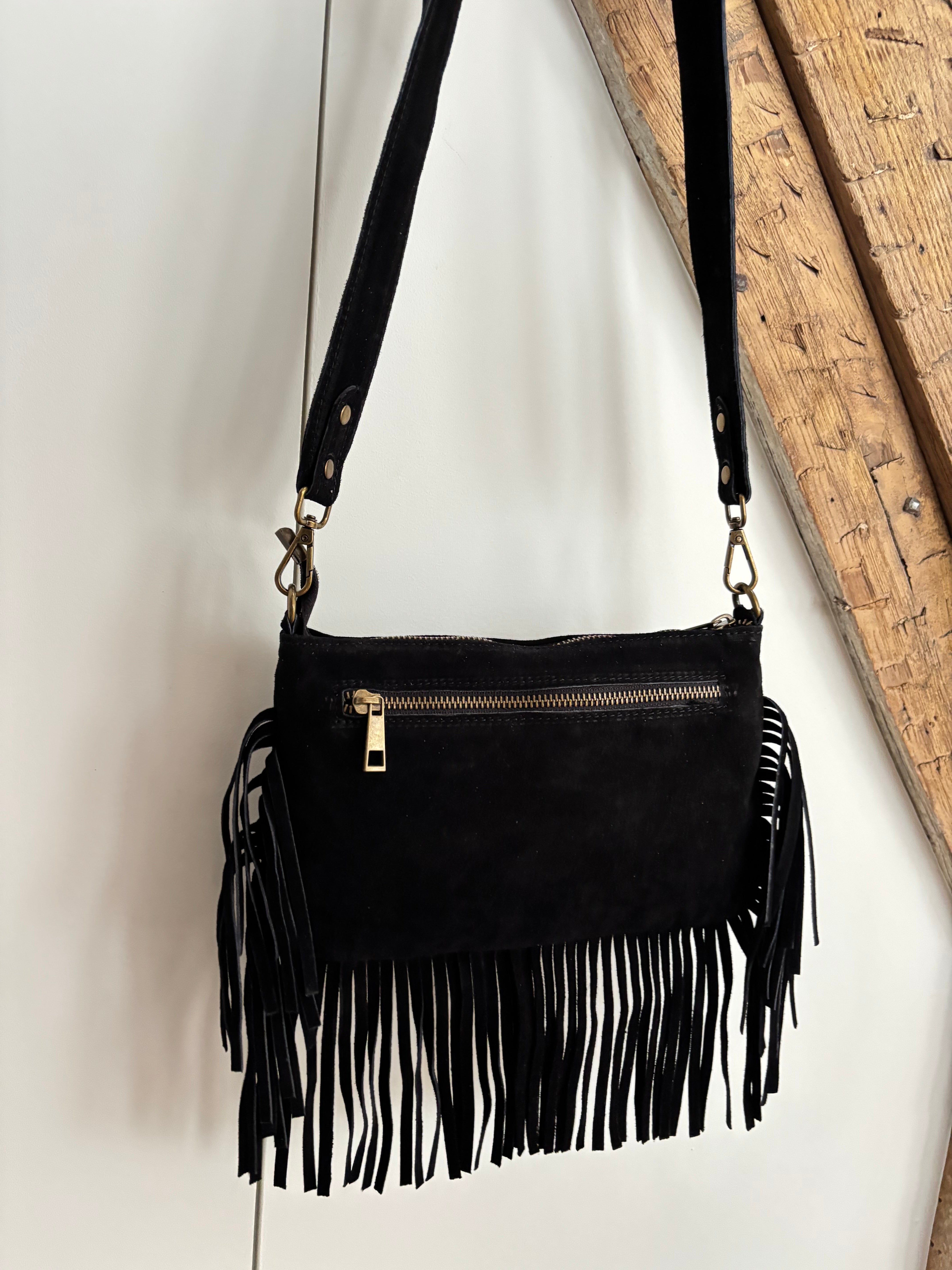 Sac bohème en cuir à franges - noir