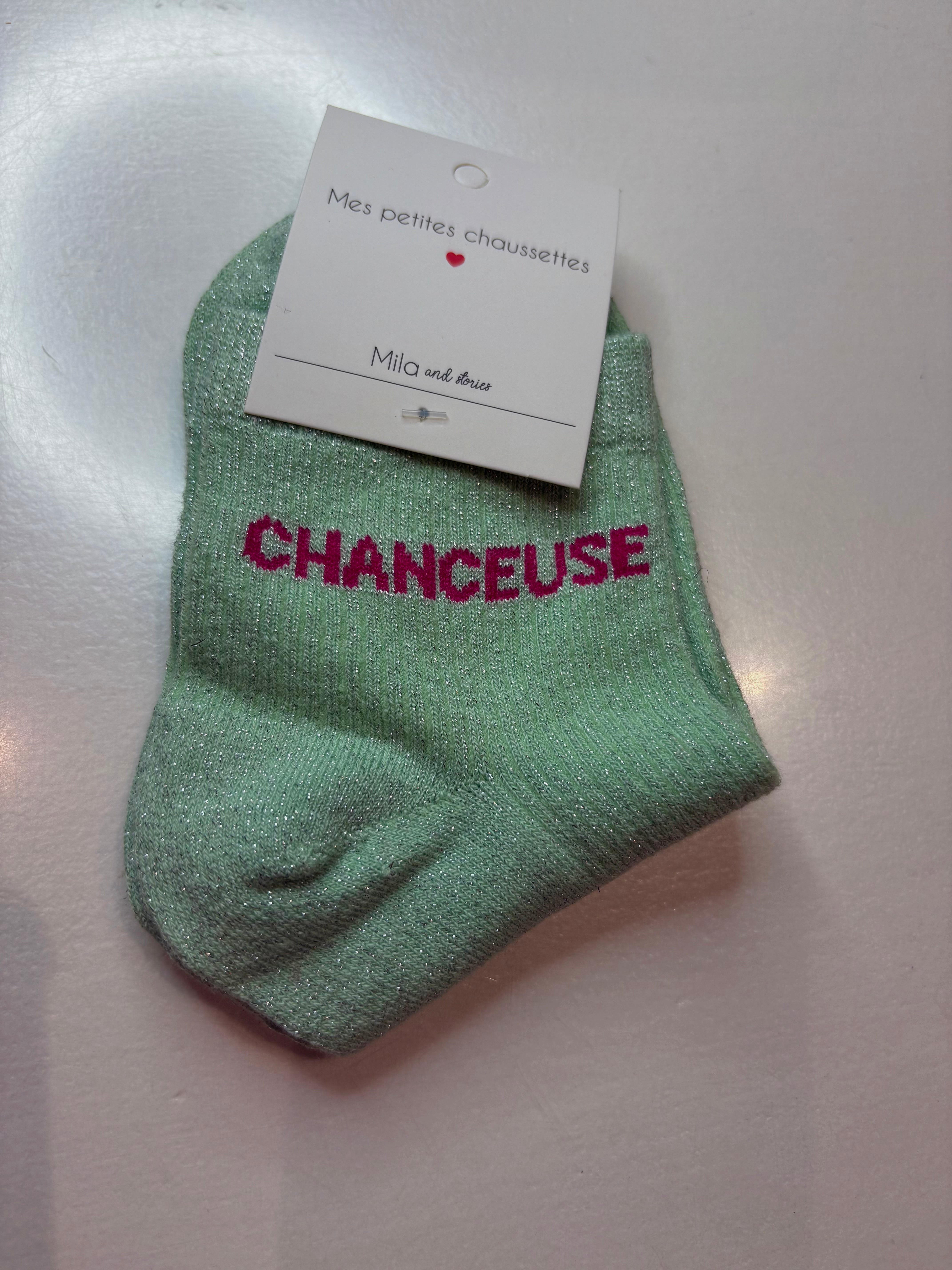 Chaussettes courtes CHANCEUSE à paillettes VERTES