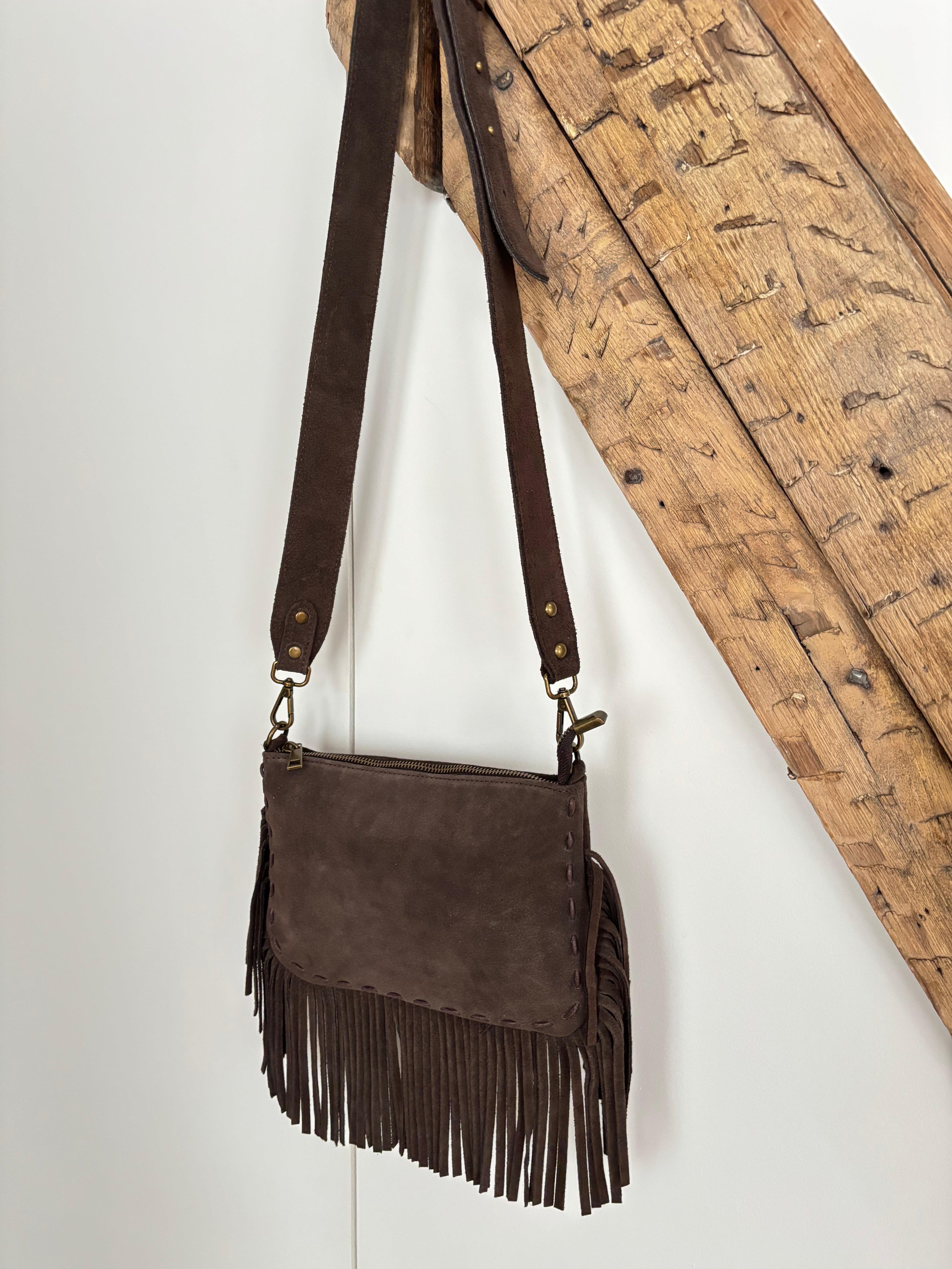 Sac bohème en cuir à franges - chocolat