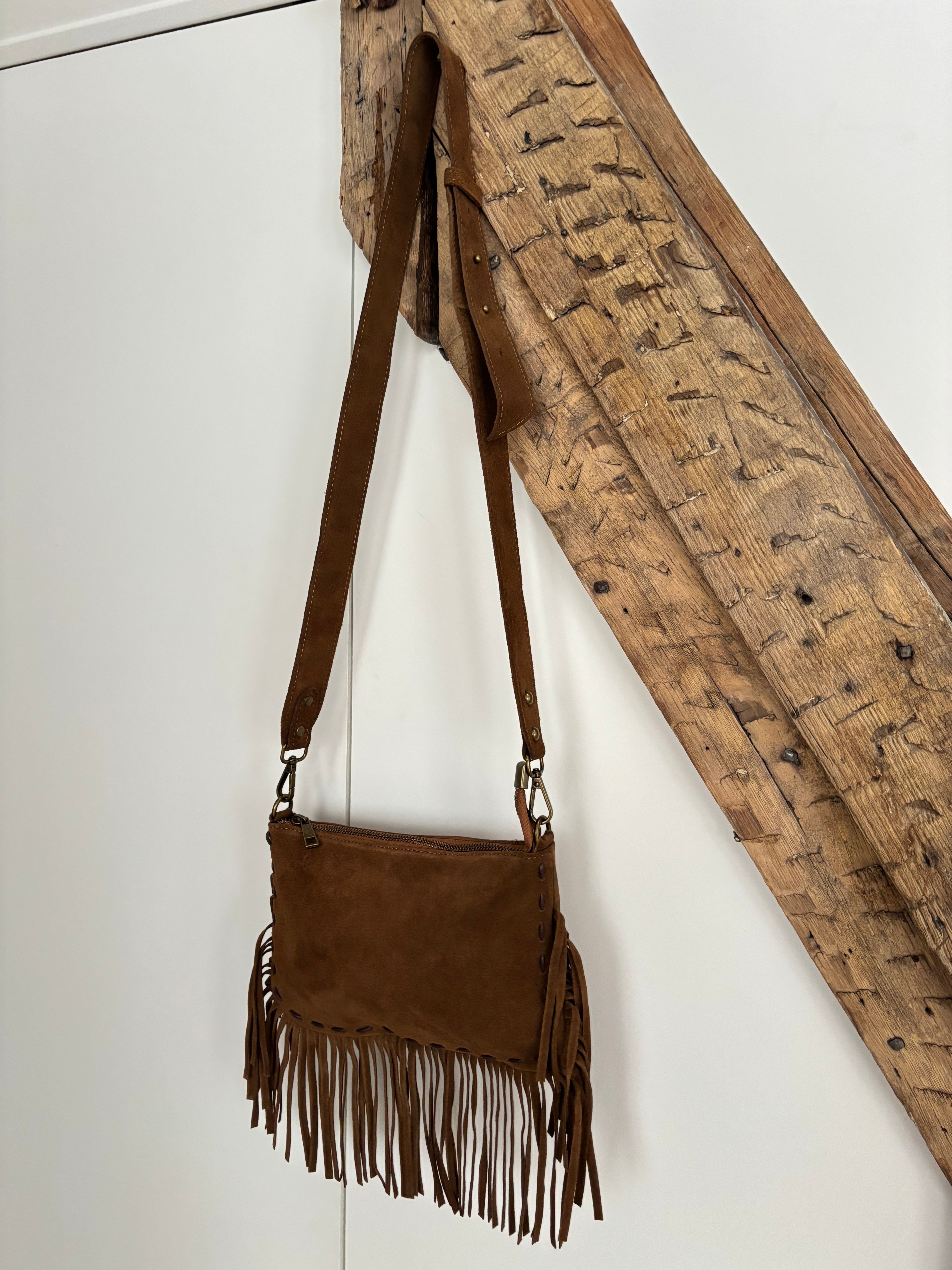 Sac bohème en cuir à franges - cognac