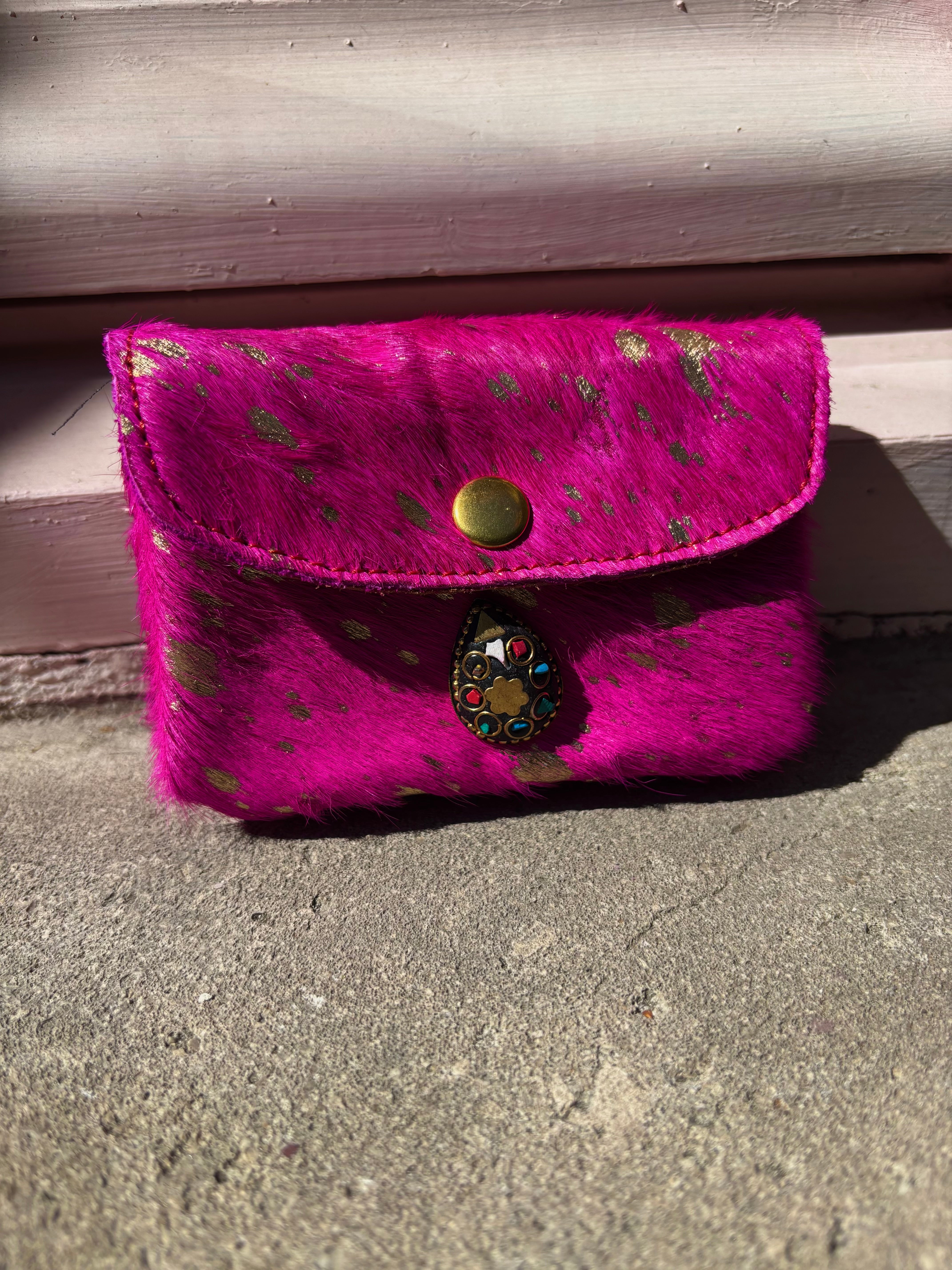 Porte cartes double poche à zip rose