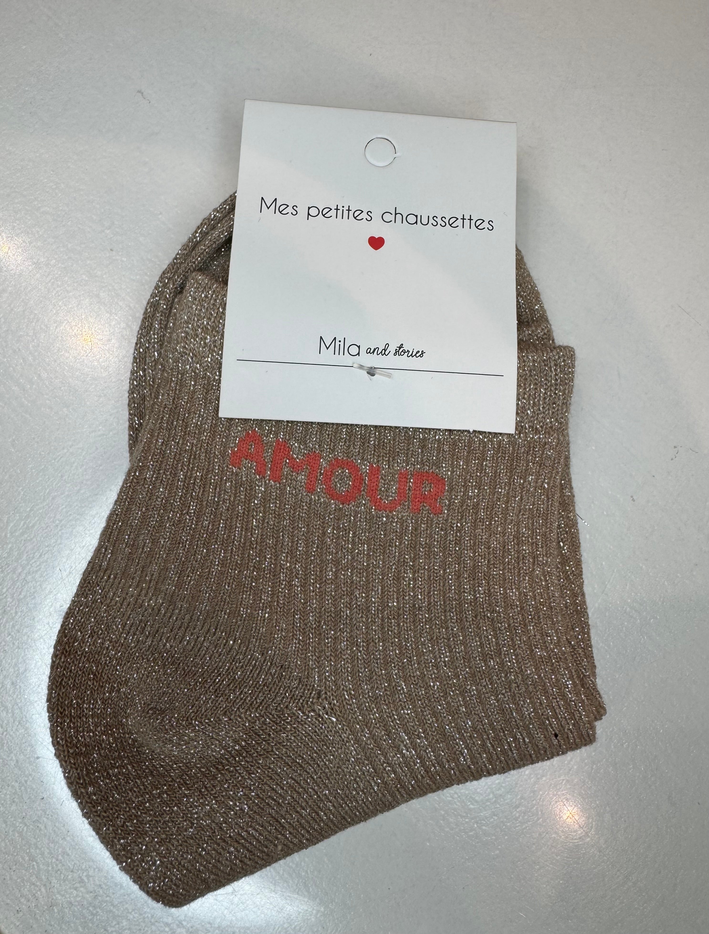Chaussettes courtes AMOUR à paillettes taupe