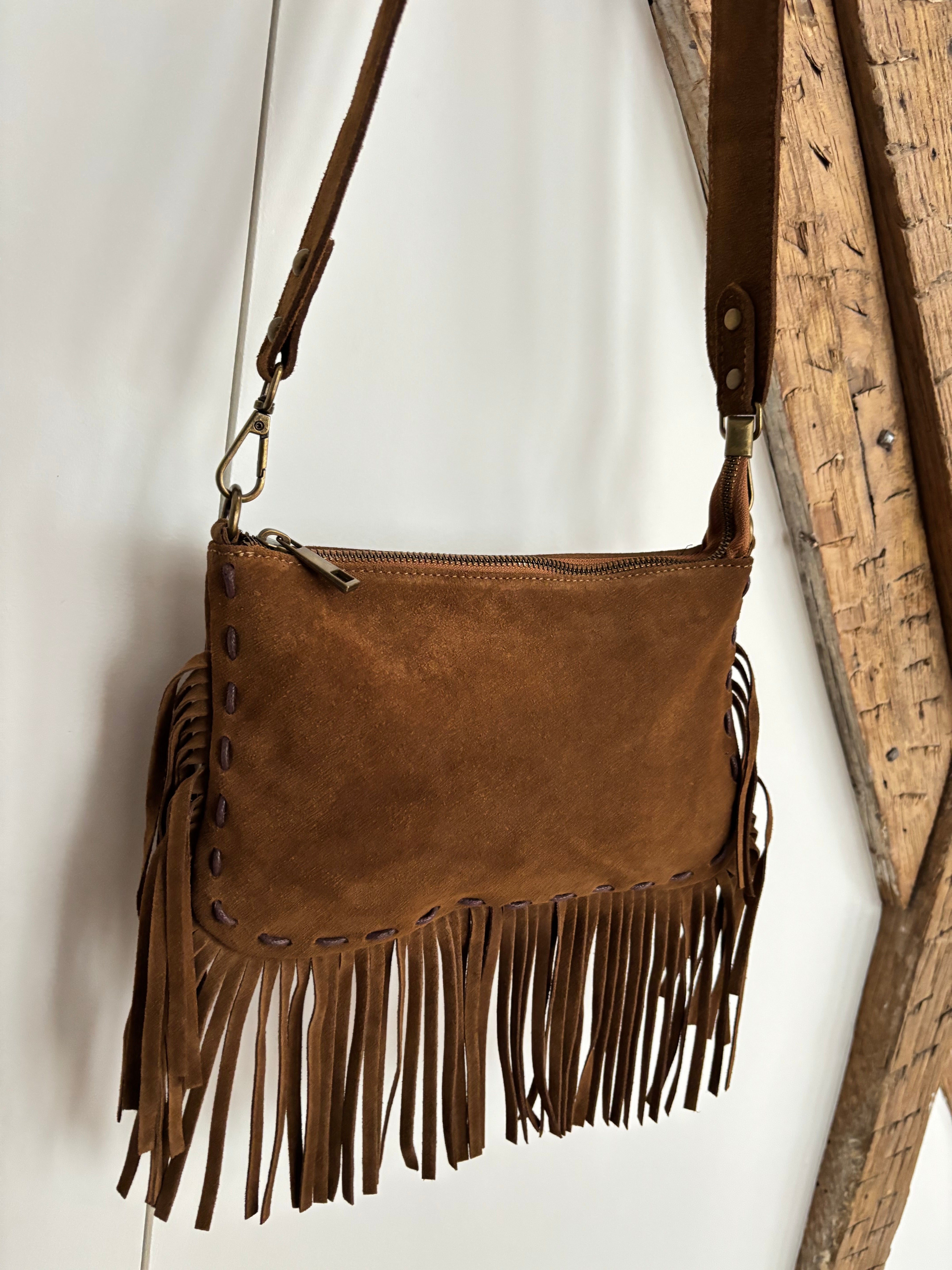 Sac bohème en cuir à franges - cognac