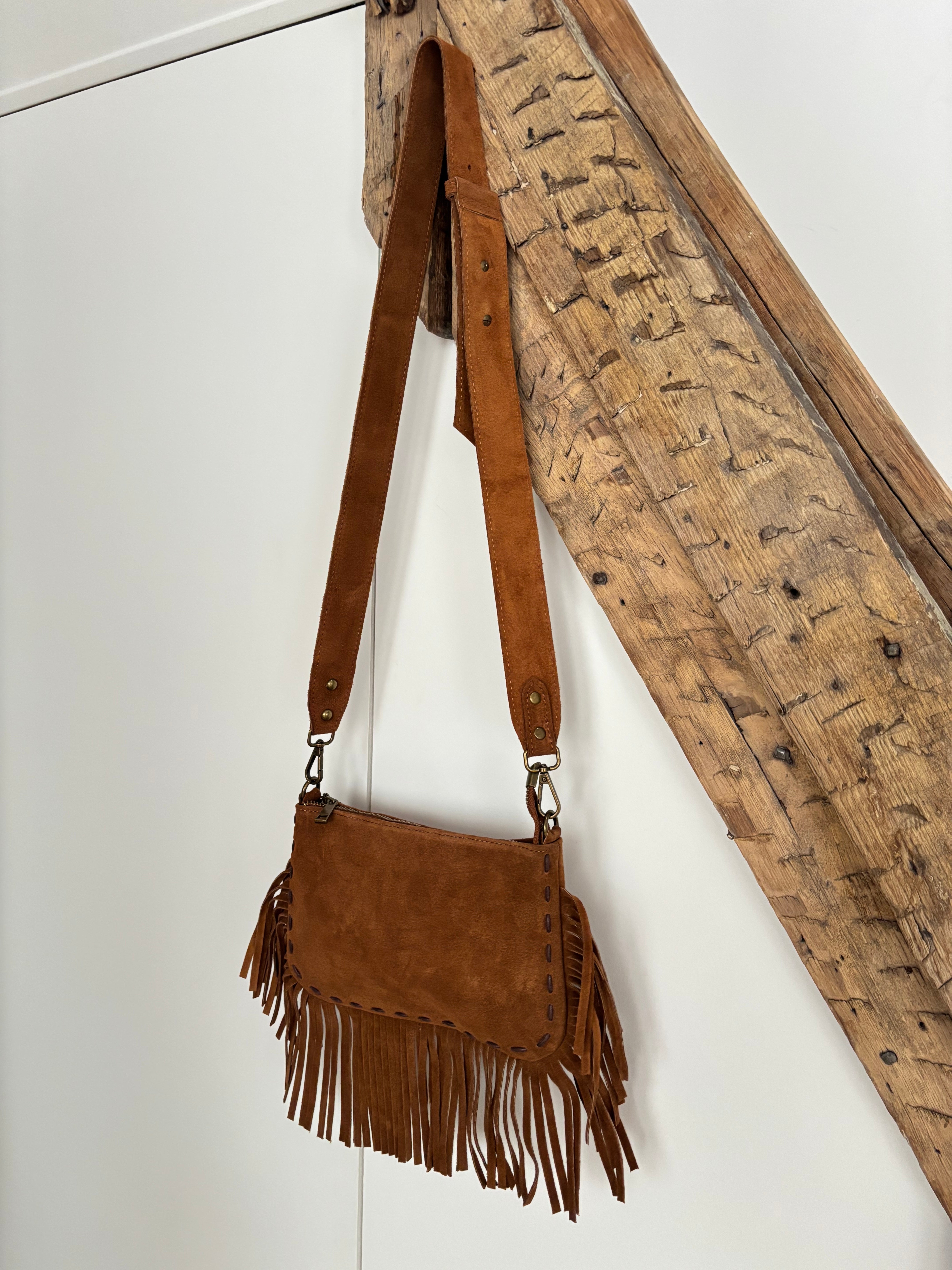Sac bohème en cuir à franges -  camel