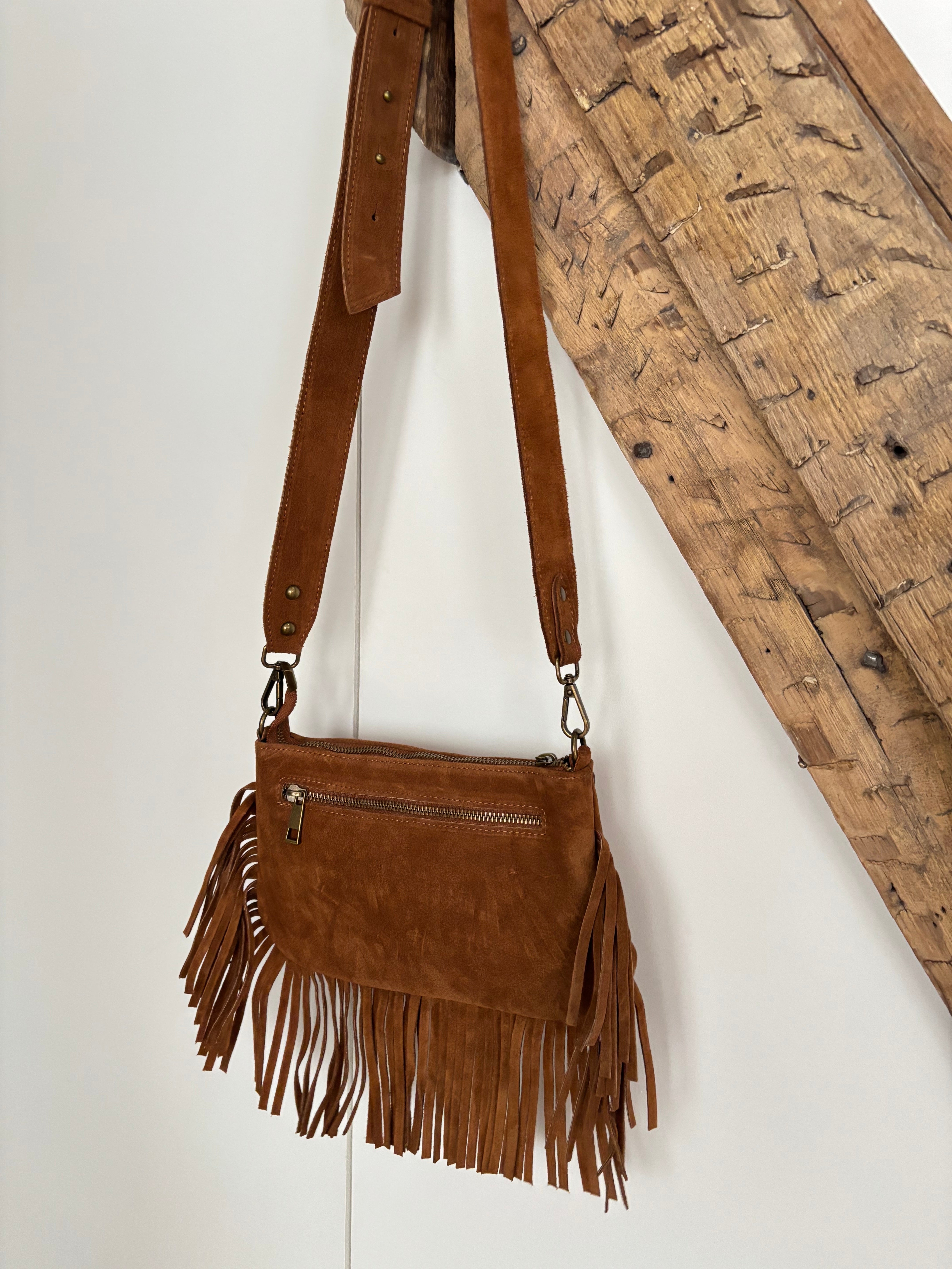 Sac bohème en cuir à franges -  camel