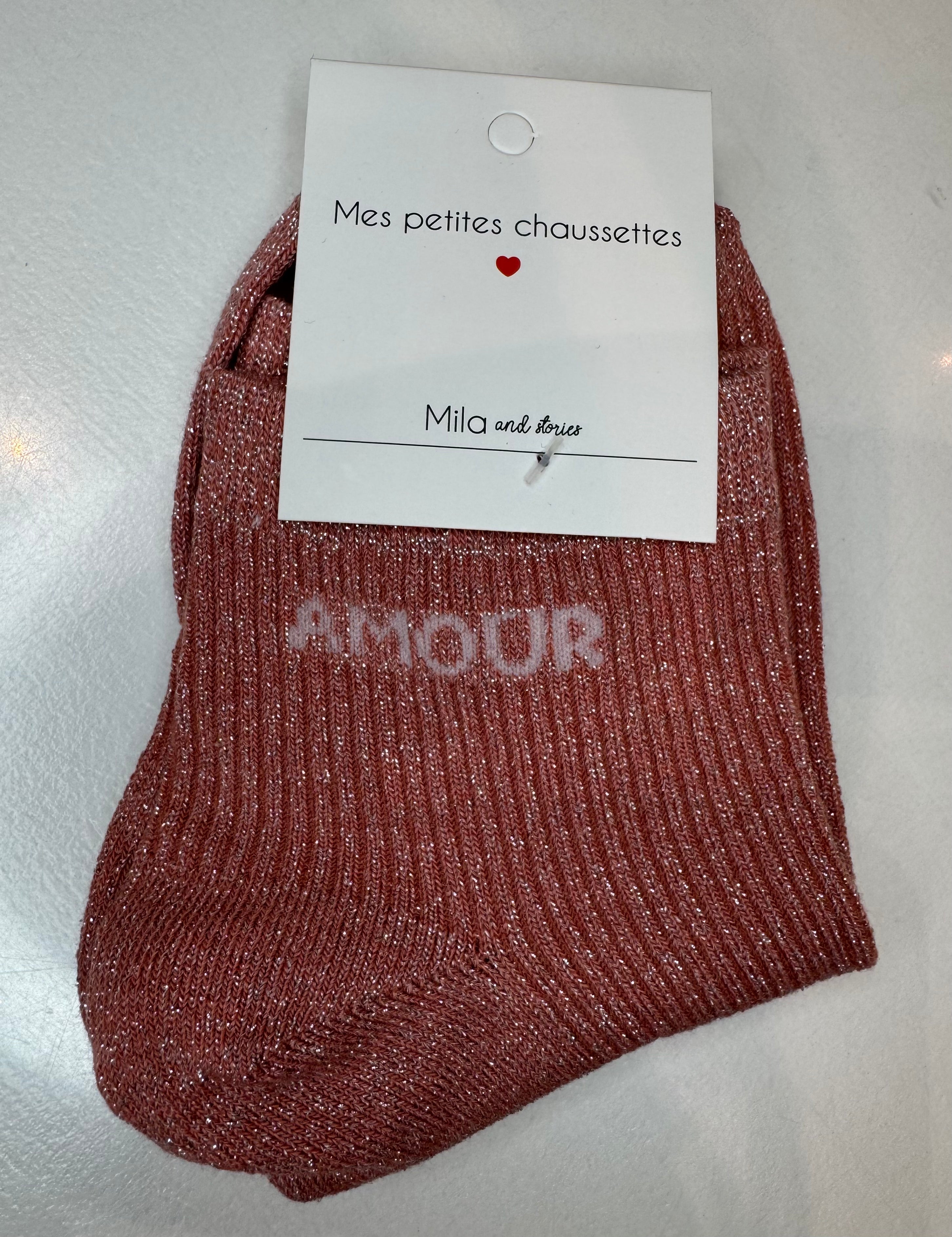 Chaussettes courtes AMOUR à paillettes rose