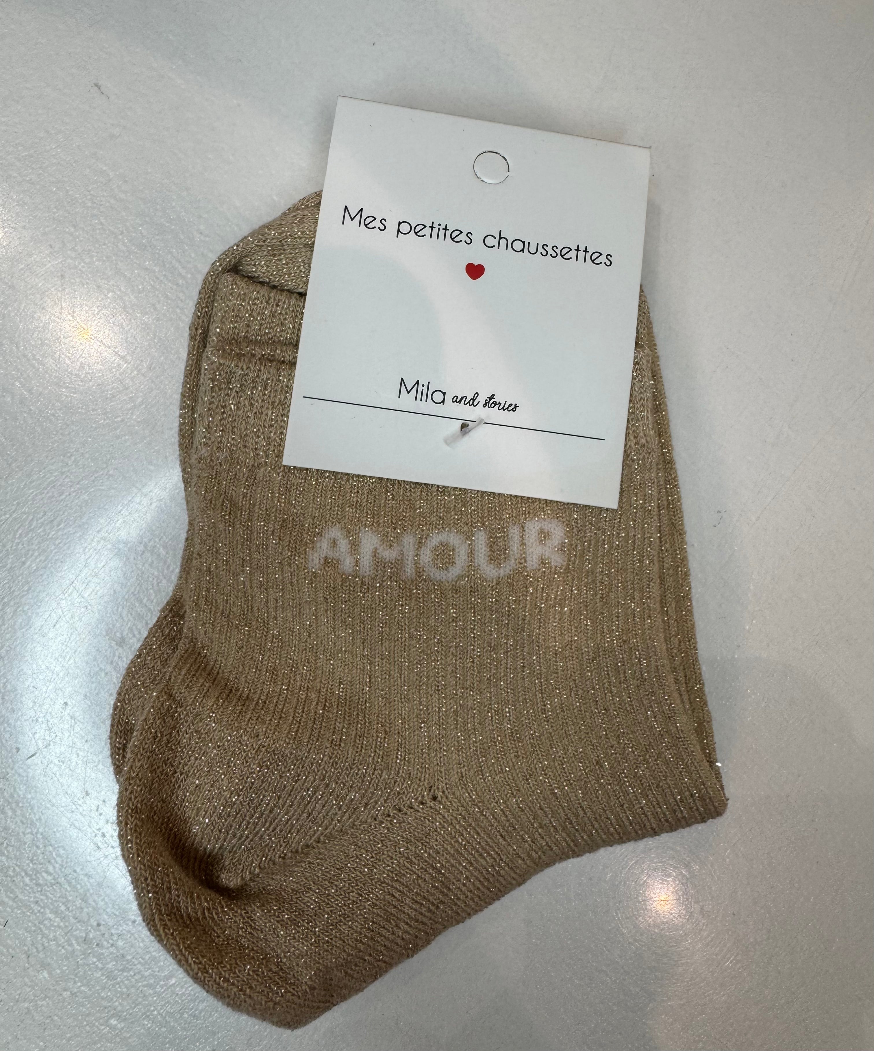 Chaussettes courtes AMOUR à paillettes beige