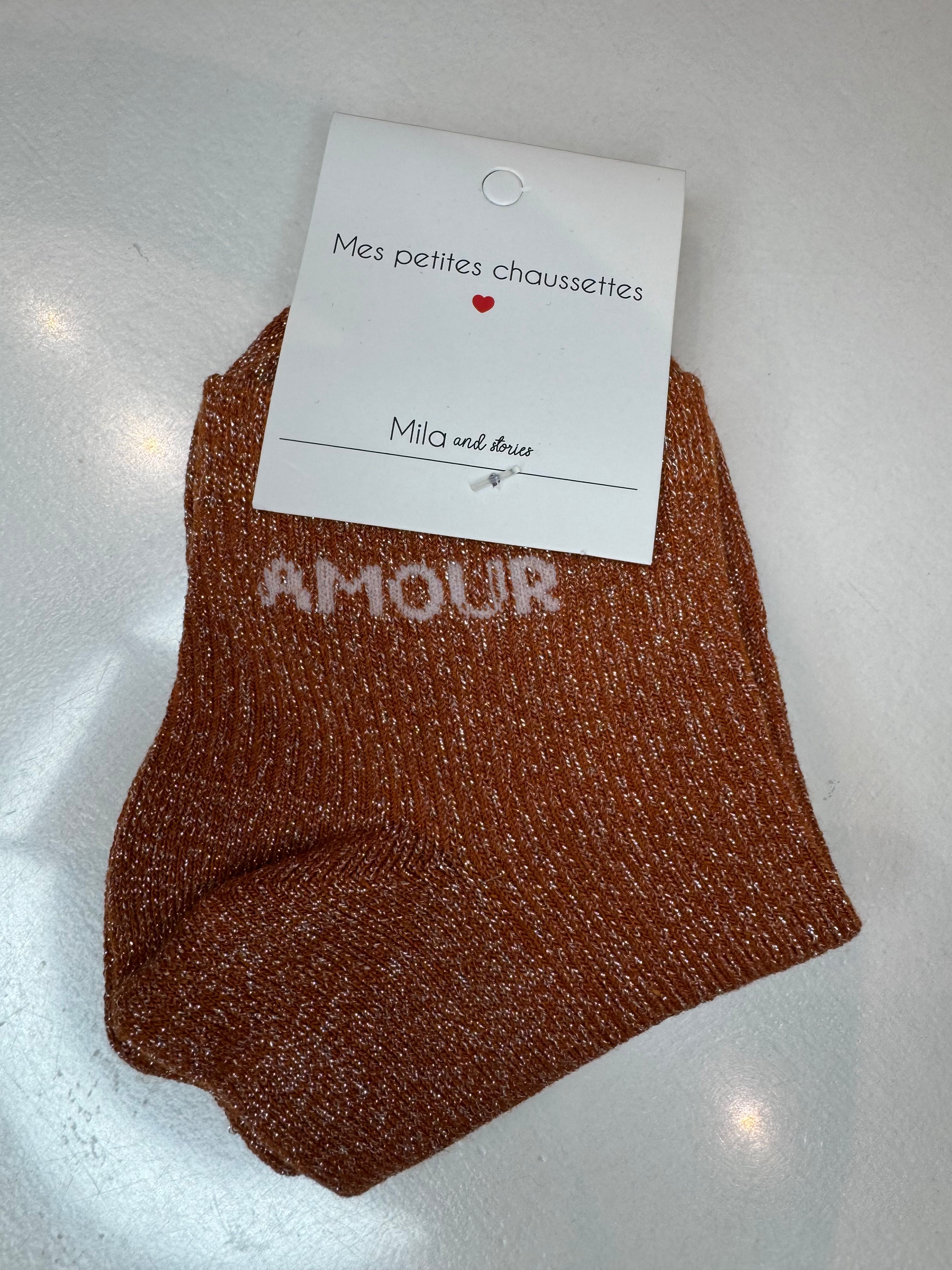 Chaussettes courtes AMOUR à paillettes orange